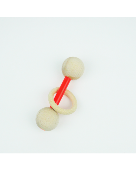 Baby rattle neon orange and wood ring