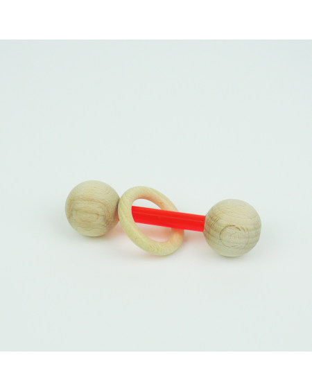 Baby rattle neon orange and wood ring